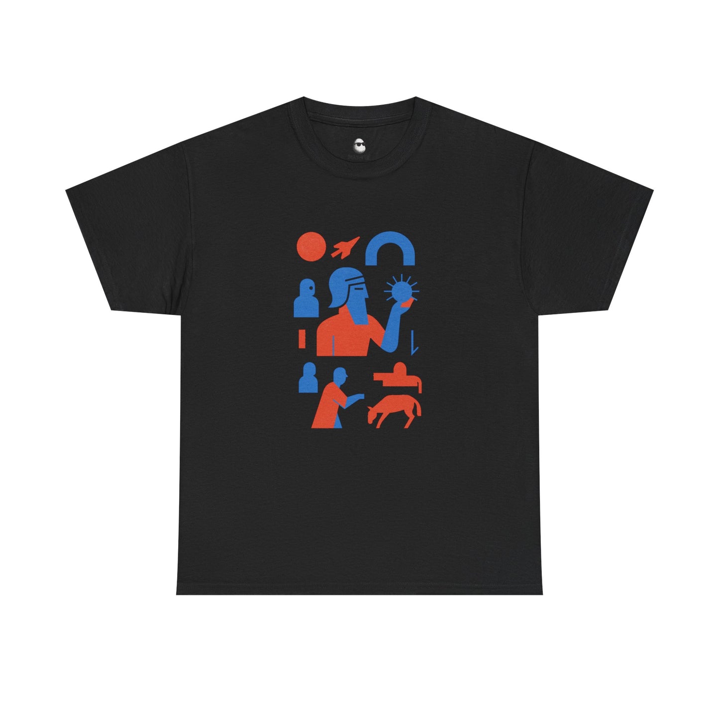 Black Mashtee Persian graphic T-shirt featuring minimalist red and blue abstract design inspired by Farsi culture