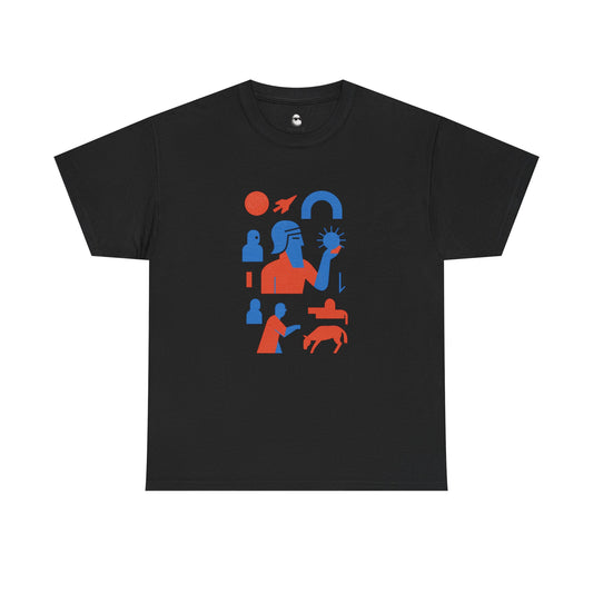 Black Mashtee Persian graphic T-shirt featuring minimalist red and blue abstract design inspired by Farsi culture