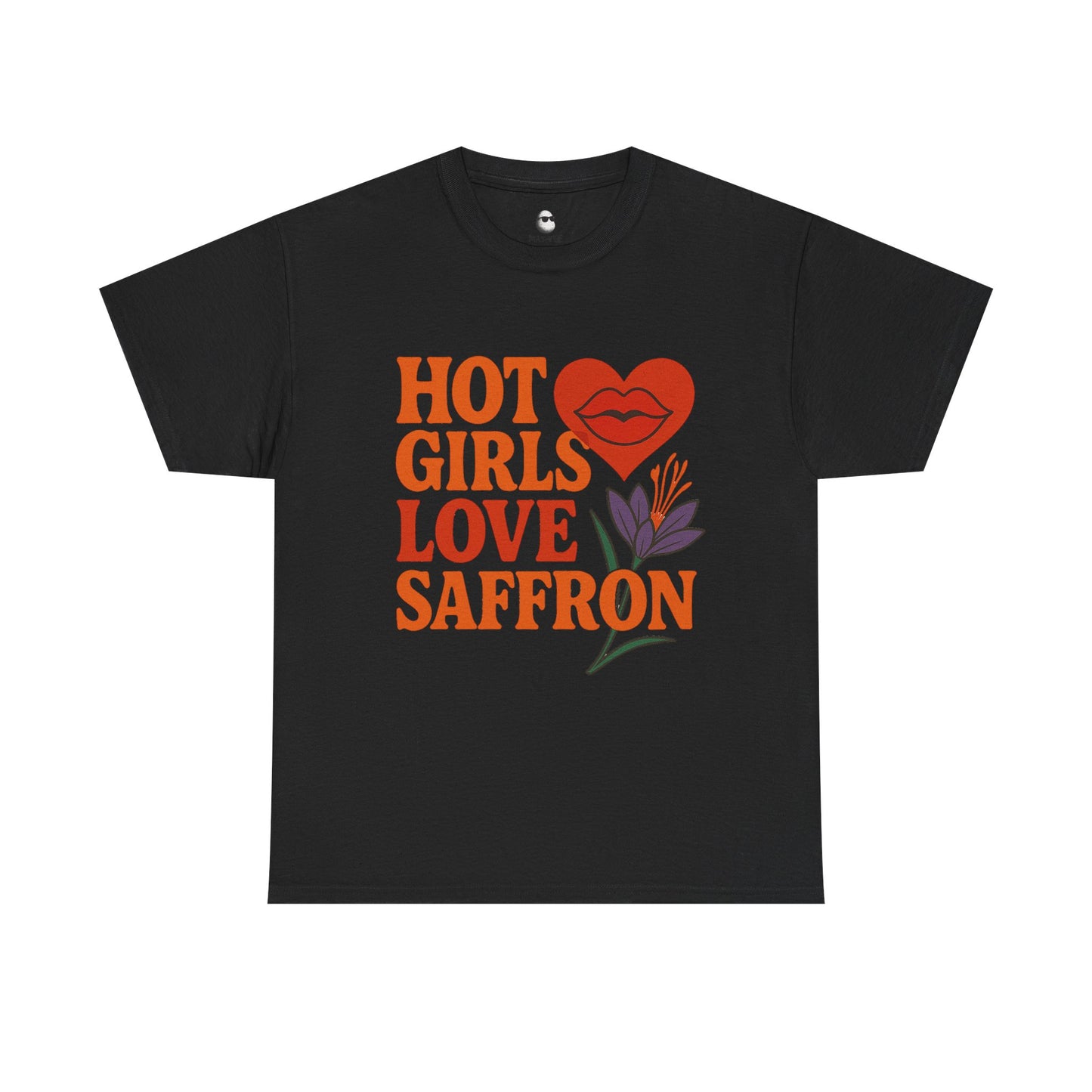 Black Mashtee T-shirt with orange “Hot Girls Love Saffron” text, red heart, and saffron flower graphic