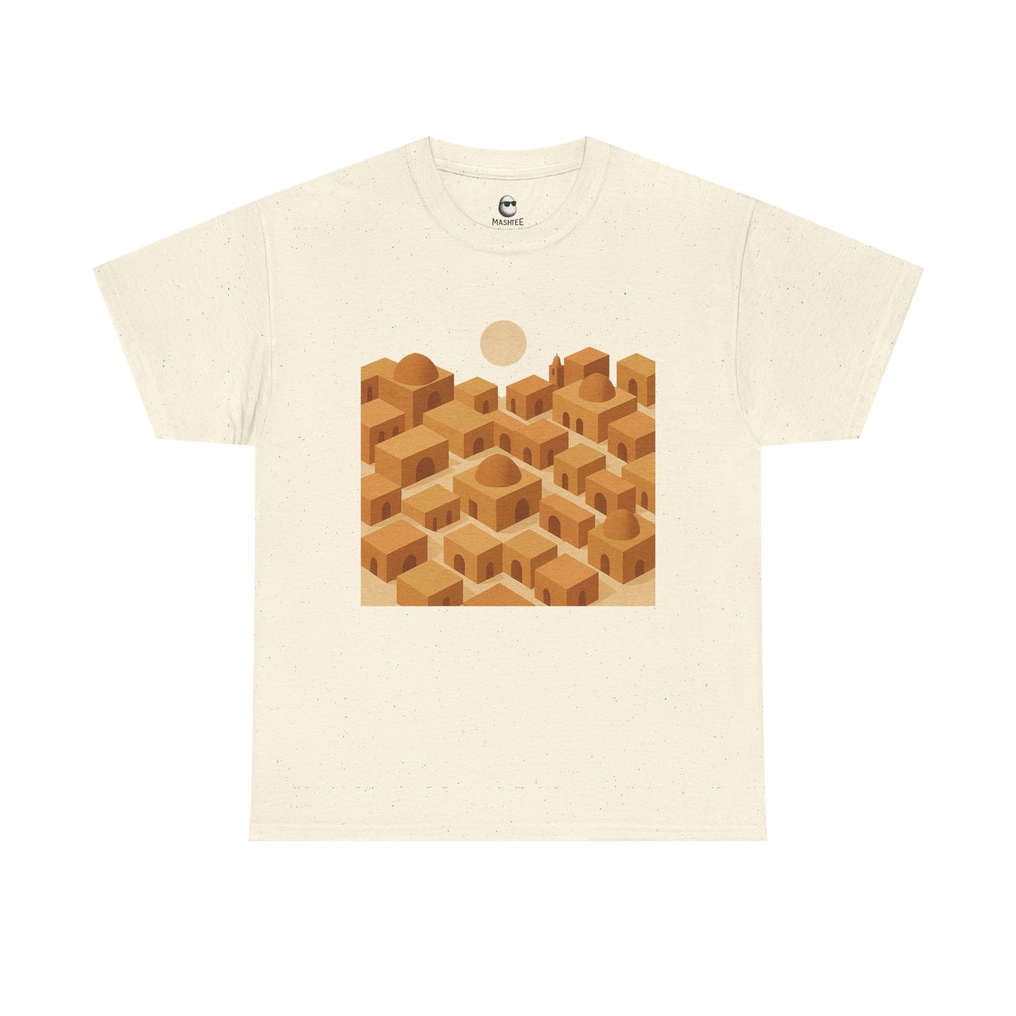 Beige Mashtee T-shirt featuring geometric Persian architecture pattern inspired by Yazd desert rooftops and sun