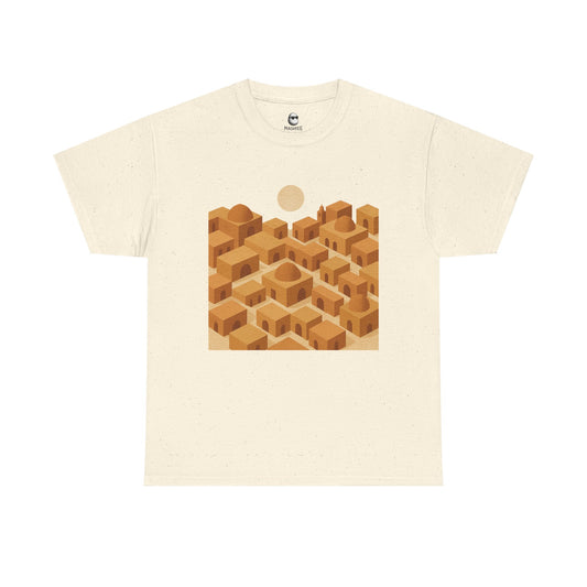 Beige Mashtee T-shirt featuring geometric Persian architecture pattern inspired by Yazd desert rooftops and sun