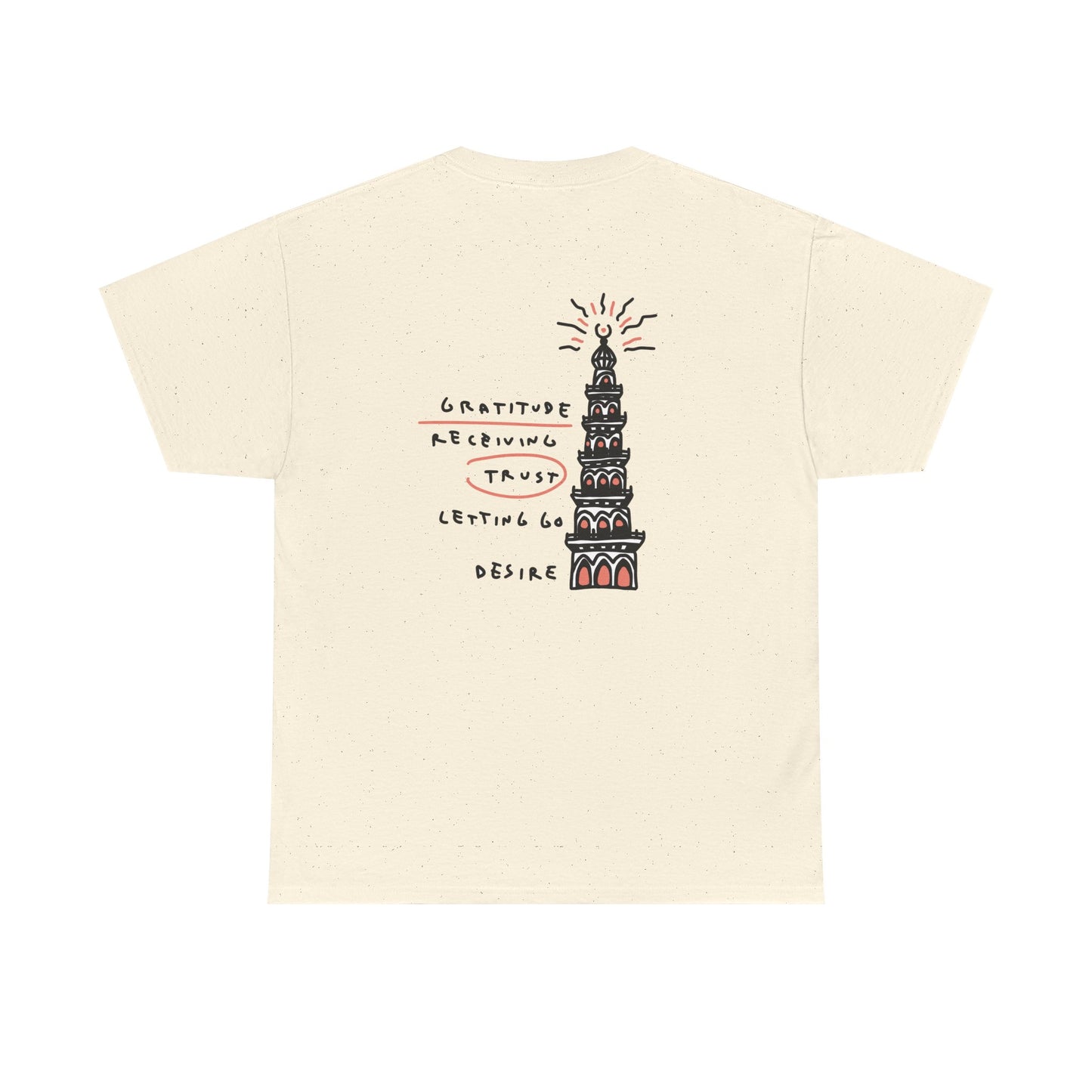 Beige Mashtee T-shirt featuring back graphic of a spiritual tower with text Gratitude, Receiving, Trust, Letting Go, and Desire