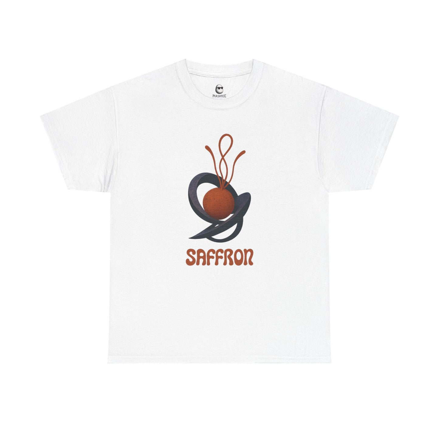 White Mashtee T-shirt featuring abstract saffron flower graphic with orange stigma and the word “Saffron” below